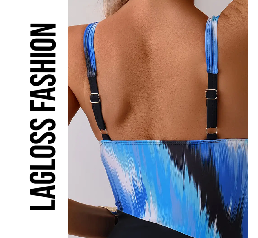 LaGloss® Badpak Blauw Zwart Kleurblok – Flatterend Damesbadpak met Rimpeldetail – Maat XL