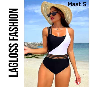 LaGloss Badpak Zwart Wit – Modern Kleurblok – Maat S