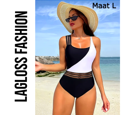 LaGloss LaGloss® Badpak Zwart Wit – Modern Kleurblok Damesbadpak met Mesh & Vulling – Maat L