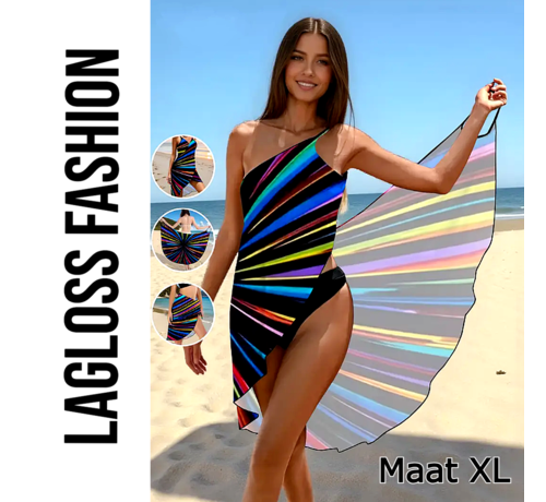 LaGloss LaGloss® Sexy Strandjurk Regenboog – Omslagdoek met Één Schouder & Kruisrug – Maat XL