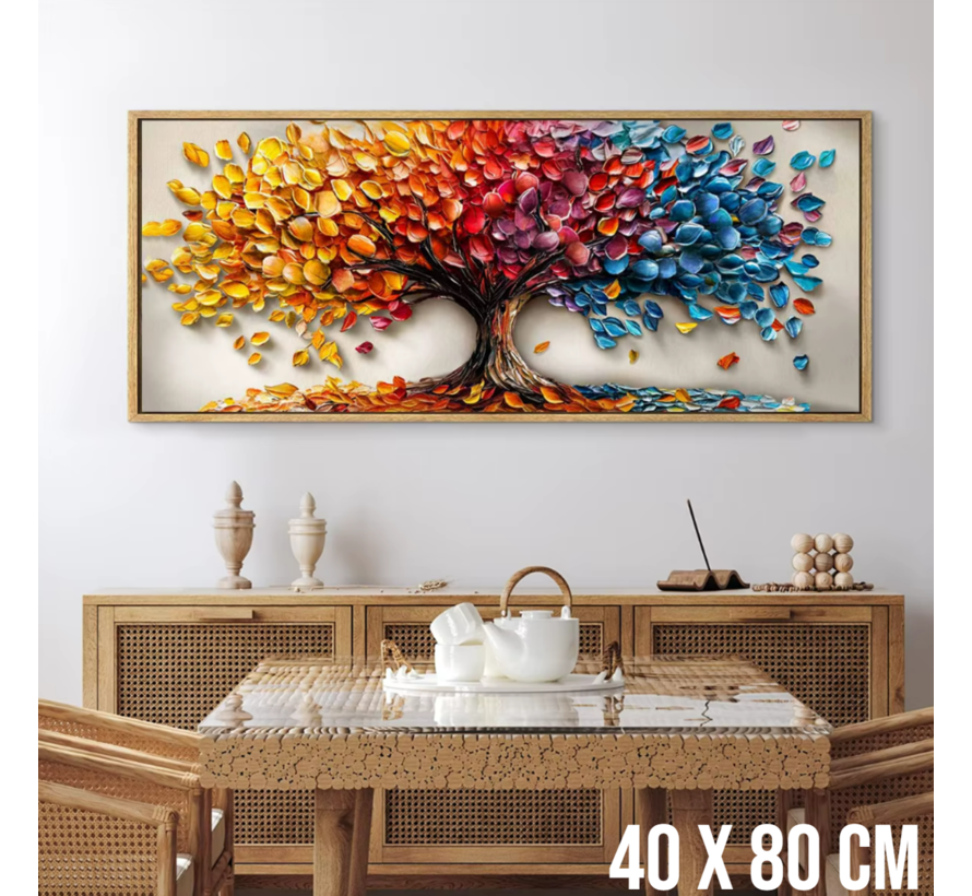 Allernieuwste.nl® Canvas Schilderij Regenboomboom met Vallende Bladeren – Kunst aan je Muur – Romantisch Realistisch – Kleur – 40 x 80 cm