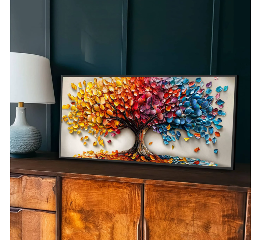 Allernieuwste.nl® Canvas Schilderij Regenboomboom met Vallende Bladeren – Kunst aan je Muur – Romantisch Realistisch – Kleur – 40 x 80 cm