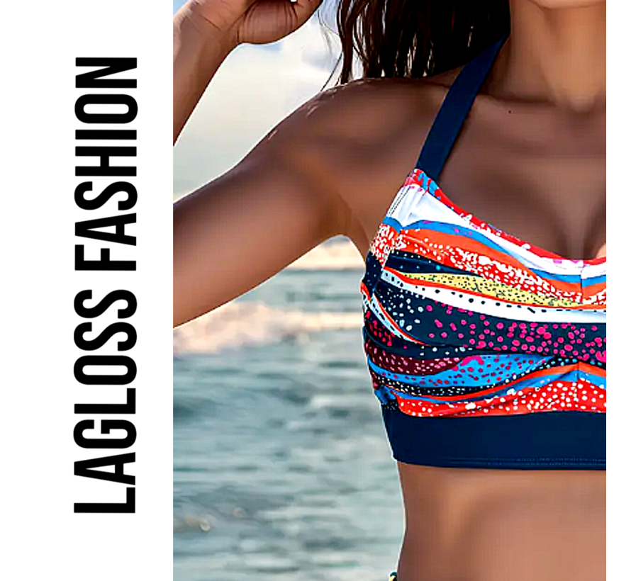 LaGloss® Bikini Set Donkerblauw Multicolor – 2-Delige Dames Badmode met Halternek & Plooien – Maat M