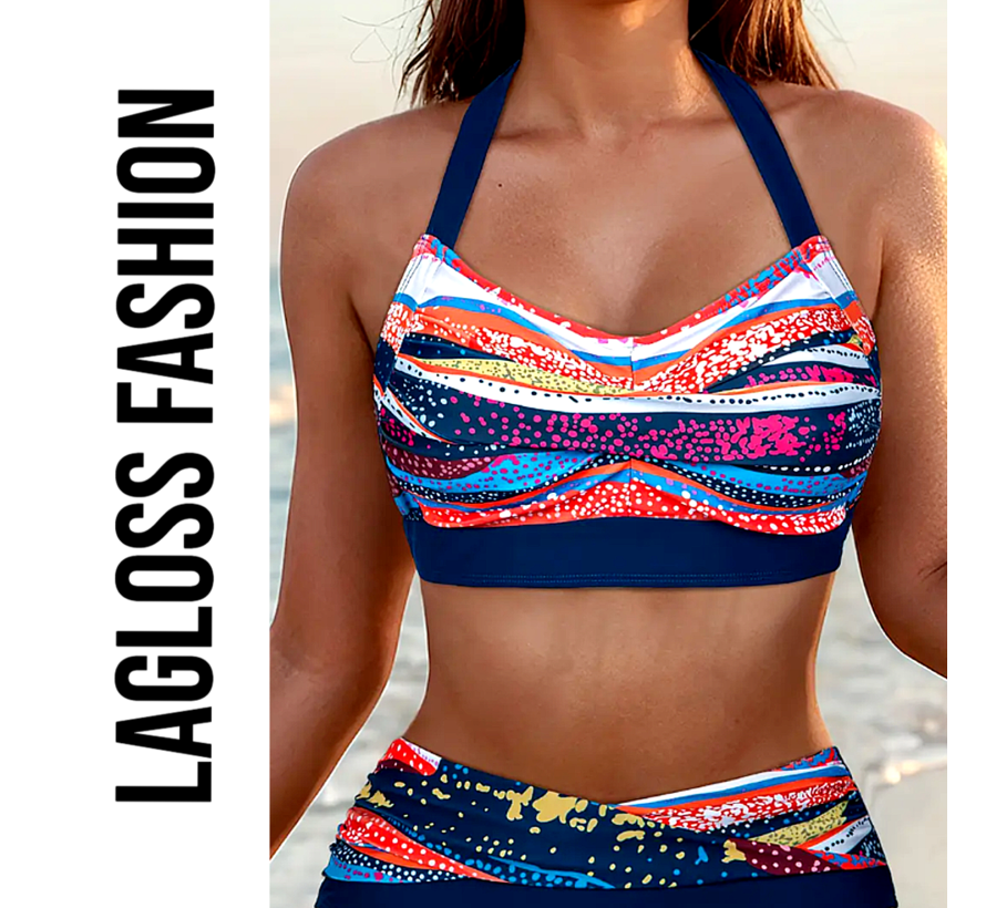 LaGloss® Bikini Set Donkerblauw Multicolor – 2-Delige Dames Badmode met Halternek & Plooien – Maat M