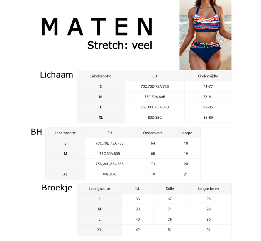 LaGloss® Bikini Set Donkerblauw Multicolor – 2-Delige Dames Badmode met Halternek & Plooien – Maat L