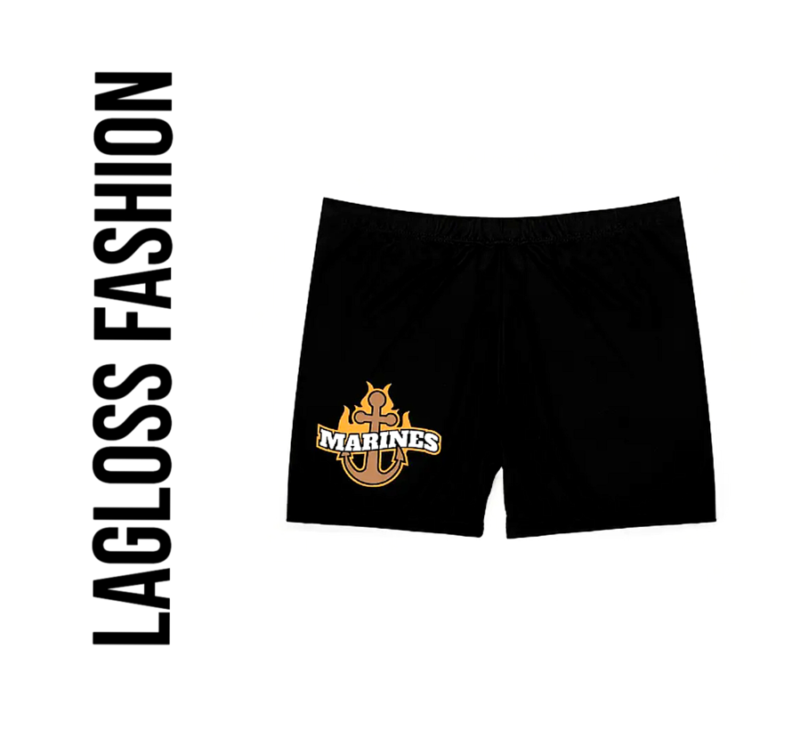 LaGloss® Heren Slim-Fit Zwemshort Zwart – Elastische Zwembroek met Marines Print – Maat M