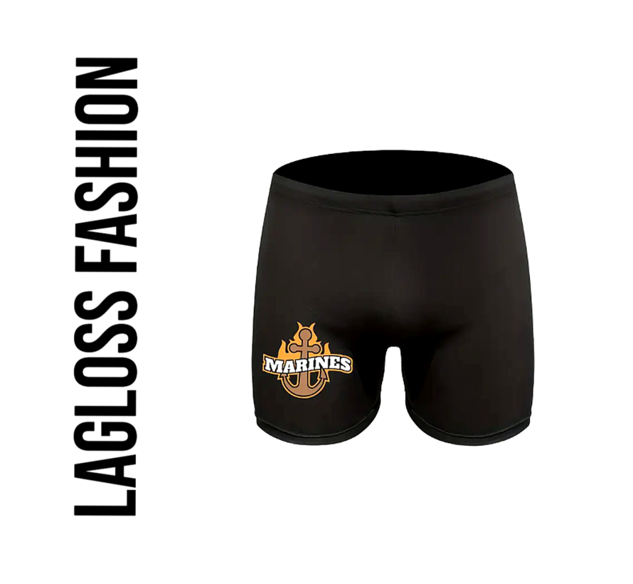 LaGloss® Heren Slim-Fit Zwemshort Zwart – Elastische Zwembroek met Marines Print – Maat M