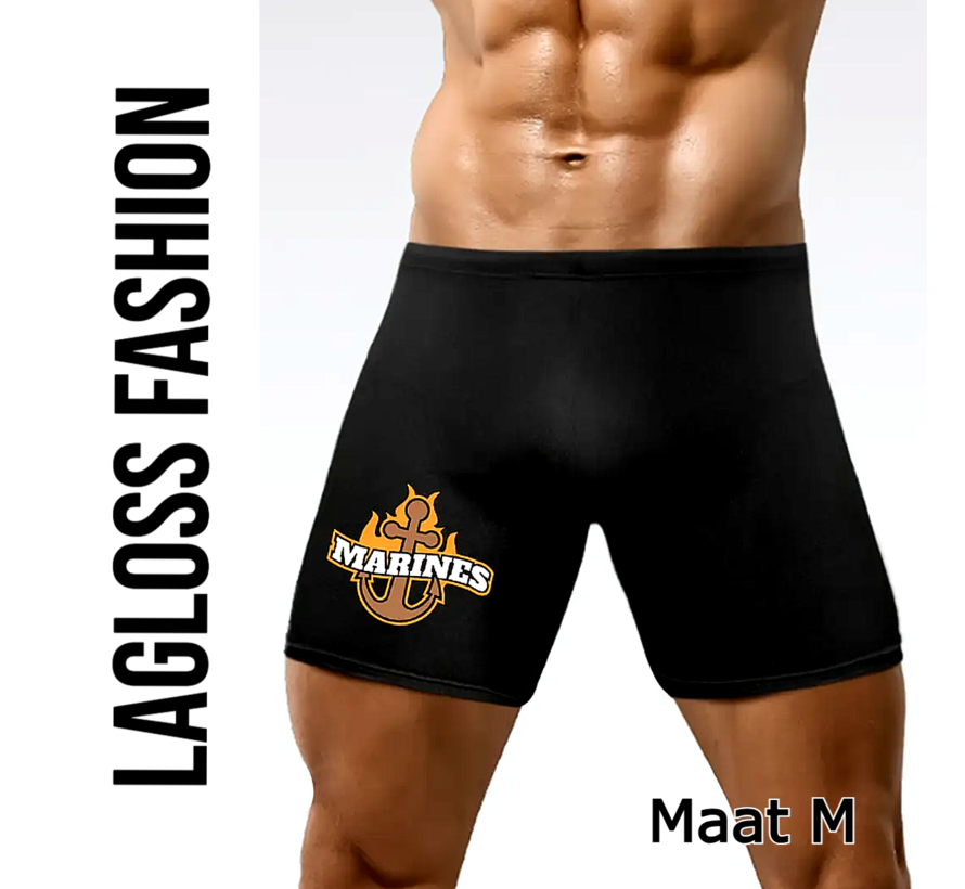 LaGloss® Heren Slim-Fit Zwemshort Zwart – Elastische Zwembroek met Marines Print – Maat M