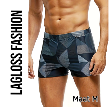 LaGloss Heren Zwemshort Zwart Grijs – Lage Taille Geometrisch Design – Maat M