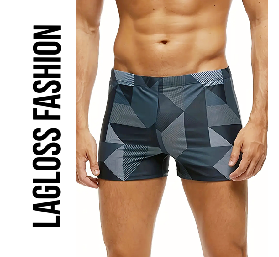 LaGloss® Heren Zwemshort Zwart Grijs – Lage Taille Zwembroek met Geometrisch Design – Maat L