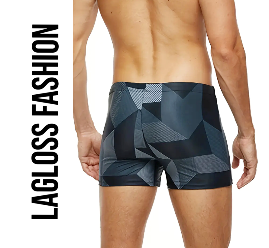 LaGloss® Heren Zwemshort Zwart Grijs – Lage Taille Zwembroek met Geometrisch Design – Maat XL
