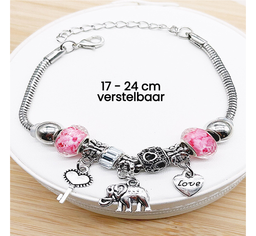 LaGloss® Bedelarmband met Bedels Roze Verzilverd en Verstelbaar 17 tot 24 cm inclusief luxe kado verpakking - Bedel Armband Zilver Plated