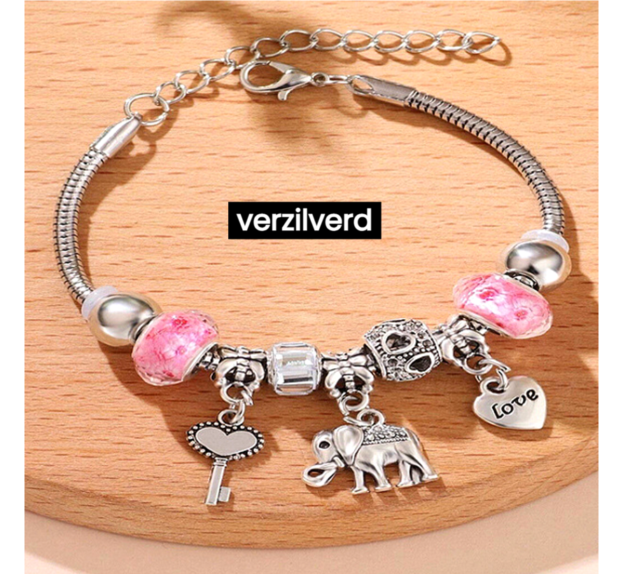 LaGloss® Bedelarmband met Bedels Roze Verzilverd en Verstelbaar 17 tot 24 cm inclusief luxe kado verpakking - Bedel Armband Zilver Plated