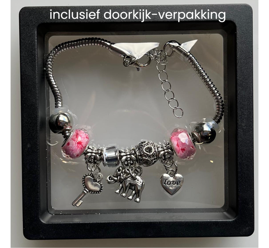 LaGloss® Bedelarmband met Bedels Roze Verzilverd en Verstelbaar 17 tot 24 cm inclusief luxe kado verpakking - Bedel Armband Zilver Plated