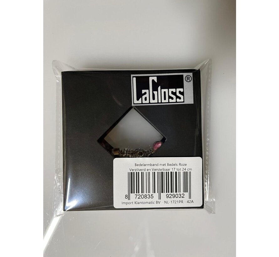 LaGloss® Bedelarmband met Bedels Roze Verzilverd en Verstelbaar 17 tot 24 cm inclusief luxe kado verpakking - Bedel Armband Zilver Plated