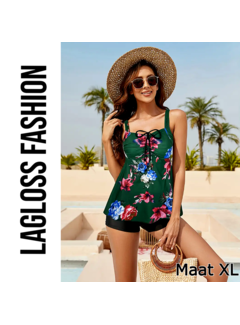 LaGloss 2-Delige Tankini Set Groen met Bloemenprint– Maat XL