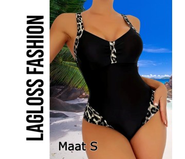 LaGloss Badpak Zwart met Luipaardprint – Maat S