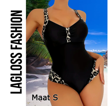 LaGloss Badpak Zwart met Luipaardprint – Maat S