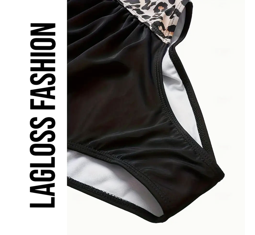 LaGloss® Badpak Zwart met Luipaardprint – Sportief & Elegant Damesbadpak met V-Hals – Maat XL