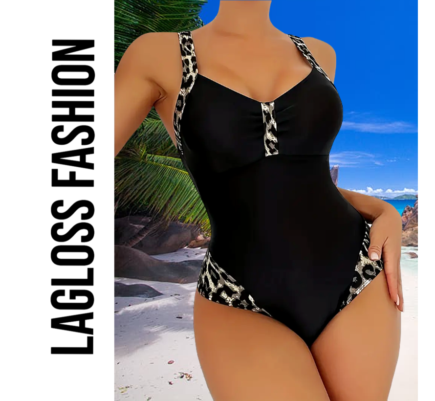 LaGloss® Badpak Zwart met Luipaardprint – Sportief & Elegant Damesbadpak met V-Hals – Maat XL