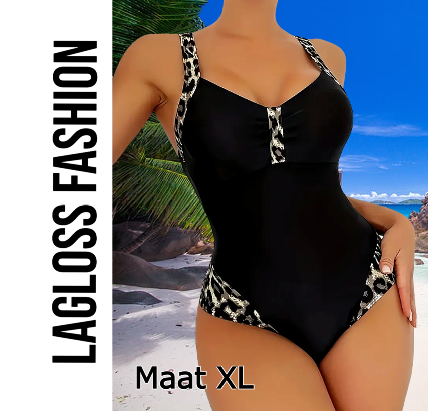 LaGloss® Badpak Zwart met Luipaardprint – Sportief & Elegant Damesbadpak met V-Hals – Maat XL