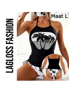 LaGloss 2-Delige Tankini Set Palmbome Zwart Wit Palmbomen – Maat L