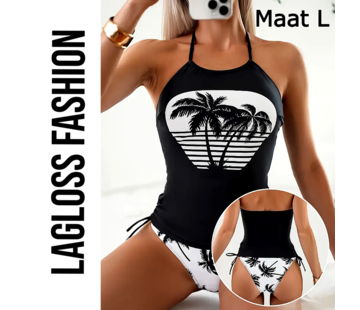 LaGloss 2-Delige Tankini Set Zwart Wit Palmbomen – Maat L