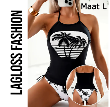 LaGloss 2-Delige Tankini Set Zwart Wit Palmbomen – Maat L