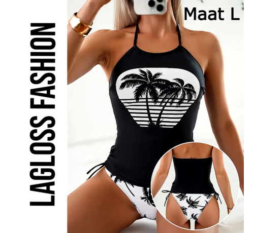 LaGloss LaGloss® Tankini Set Zwart Wit Palmbomen – 2-Delige Badmode met High-Waist & Strikdetail – Maat L