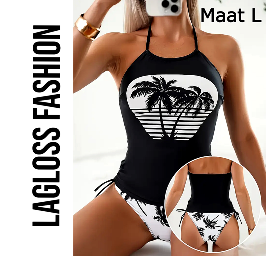 LaGloss® Tankini Set Zwart Wit Palmbomen – 2-Delige Badmode met High-Waist & Strikdetail – Maat L
