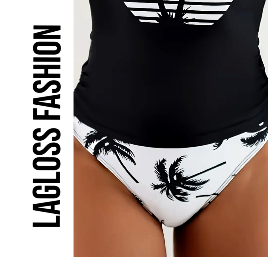 LaGloss® Tankini Set Zwart Wit Palmbomen – 2-Delige Badmode met High-Waist & Strikdetail – Maat L