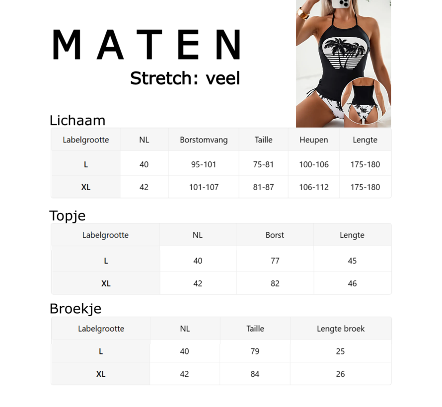 LaGloss® Tankini Set Zwart Wit Palmbomen – 2-Delige Badmode met High-Waist & Strikdetail – Maat L