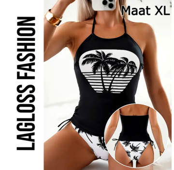 LaGloss 2-Delige Tankini Set Zwart Wit Palmbomen – Maat XL