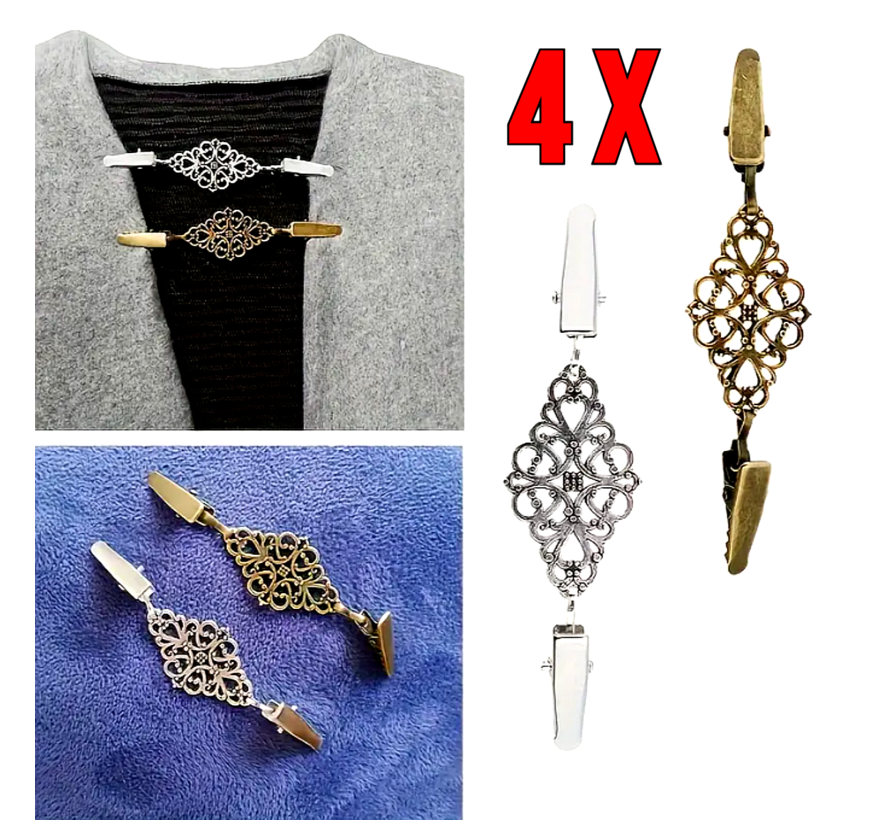 LaGloss® Kledingclips Set – 4 Stuks in Brons & Zilver – Elegante Clip Accessoires voor Dameskleding