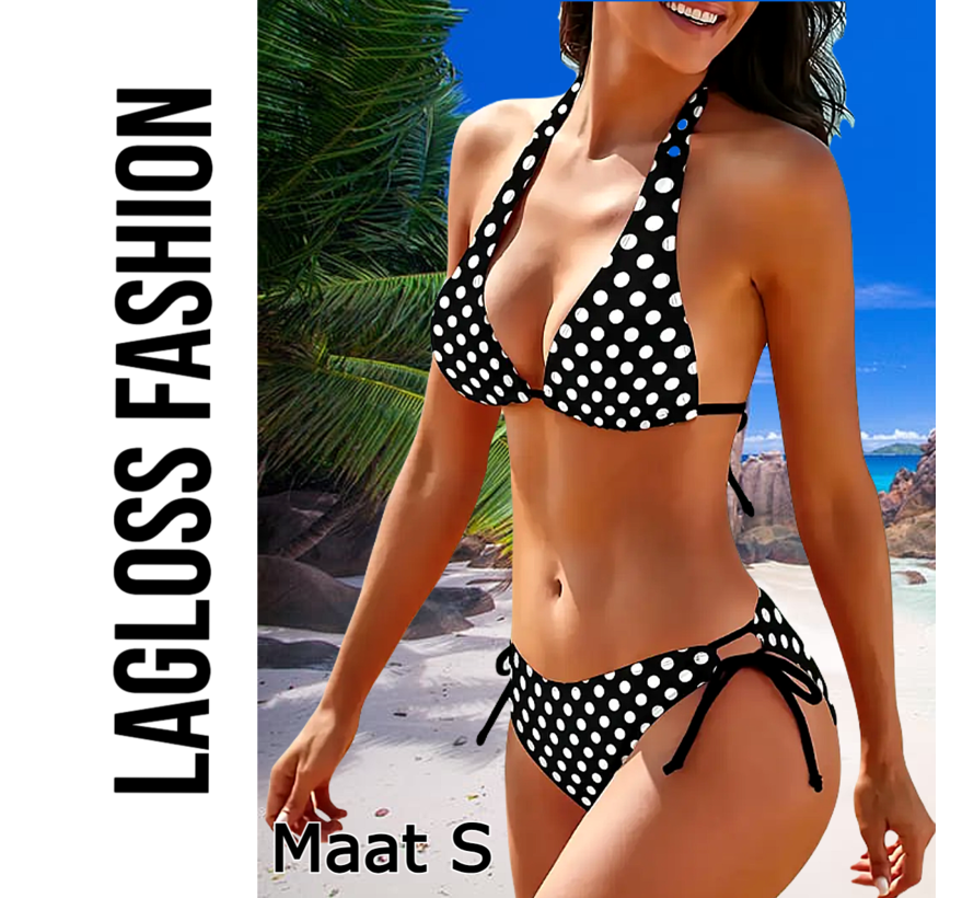 LaGloss® Bikini Set Polkadot Zwart Wit – 2-Delige Halternek Bikini met Zijstrik – Maat S