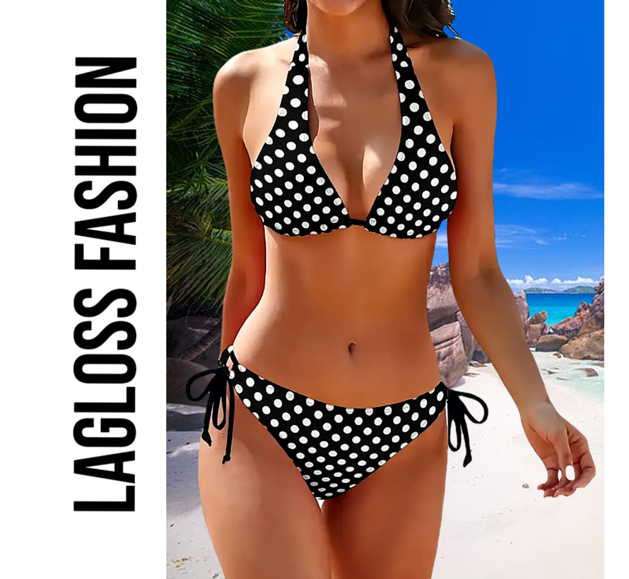 LaGloss® Bikini Set Polkadot Zwart Wit – 2-Delige Halternek Bikini met Zijstrik – Maat S
