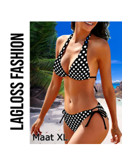 LaGloss 2-Delige Bikini Set Polkadot Zwart Wit met Zijstrik – Maat XL