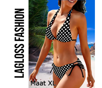 LaGloss 2-Delige Bikini Set Polkadot Zwart Wit met Zijstrik – Maat XL