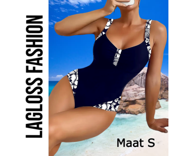 LaGloss Badpak Donker Blauw met Witte Bloemenprint – Maat S