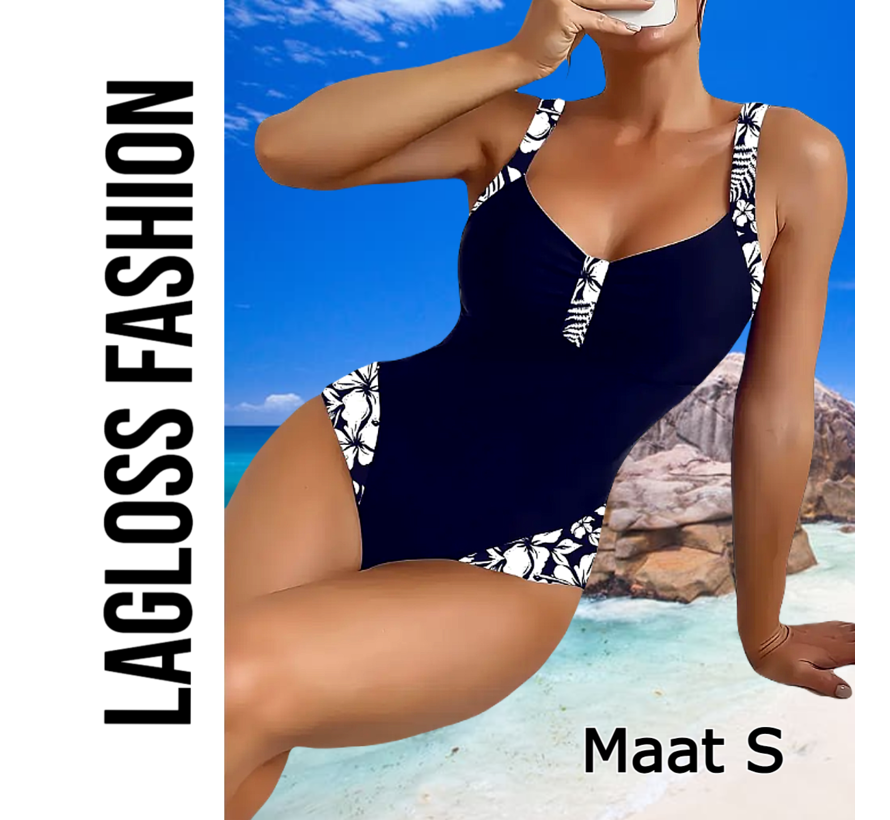 LaGloss® Badpak Donker Blauwmet Witte Bloemen – Elegante V-Hals Damesbadmode met Uitneembare Pads – Maat S