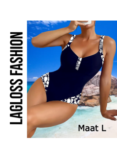 LaGloss Badpak Donker Blauw met Witte Bloemenprint  – Maat L