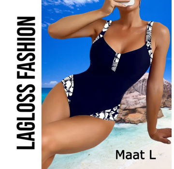 LaGloss Badpak Donker Blauw met Witte Bloemenprint  – Maat L