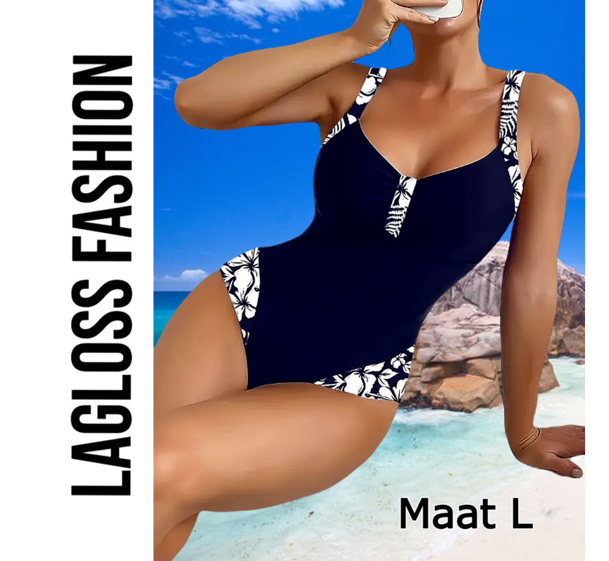 LaGloss® Badpak Donker Blauwmet Witte Bloemen – Elegante V-Hals Damesbadmode met Uitneembare Pads – Maat L