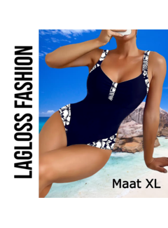 LaGloss Badpak Donker Blauw met Witte Bloemenprint  – Maat XL