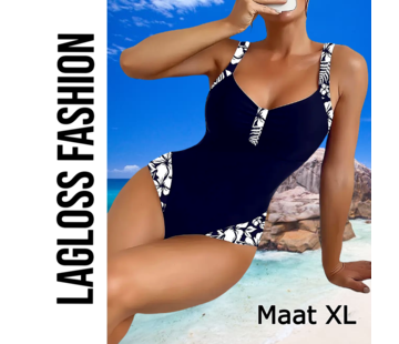 LaGloss Badpak Donker Blauw met Witte Bloemenprint  – Maat XL