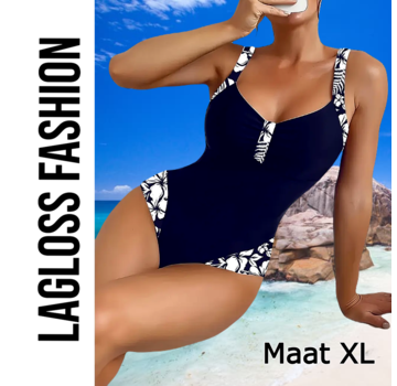 LaGloss Badpak Donker Blauw met Witte Bloemenprint  – Maat XL