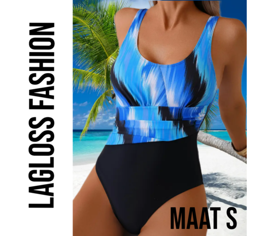 LaGloss LaGloss® Badpak Blauw Zwart Kleurblok – Flatterend Damesbadpak met Rimpeldetail – Maat S