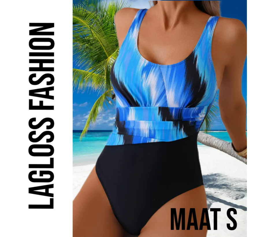 LaGloss® Badpak Blauw Zwart Kleurblok – Flatterend Damesbadpak met Rimpeldetail – Maat S