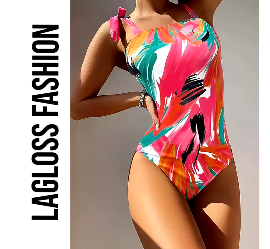 LaGloss® Badpak Graffiti Print – Eendelig Damesbadpak met Strikbandjes & Verwijderbare Vulling – Maat L