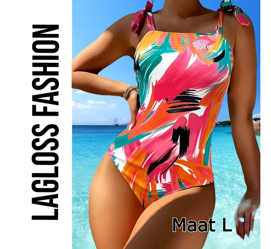 LaGloss® Badpak Graffiti Print – Eendelig Damesbadpak met Strikbandjes & Verwijderbare Vulling – Maat L